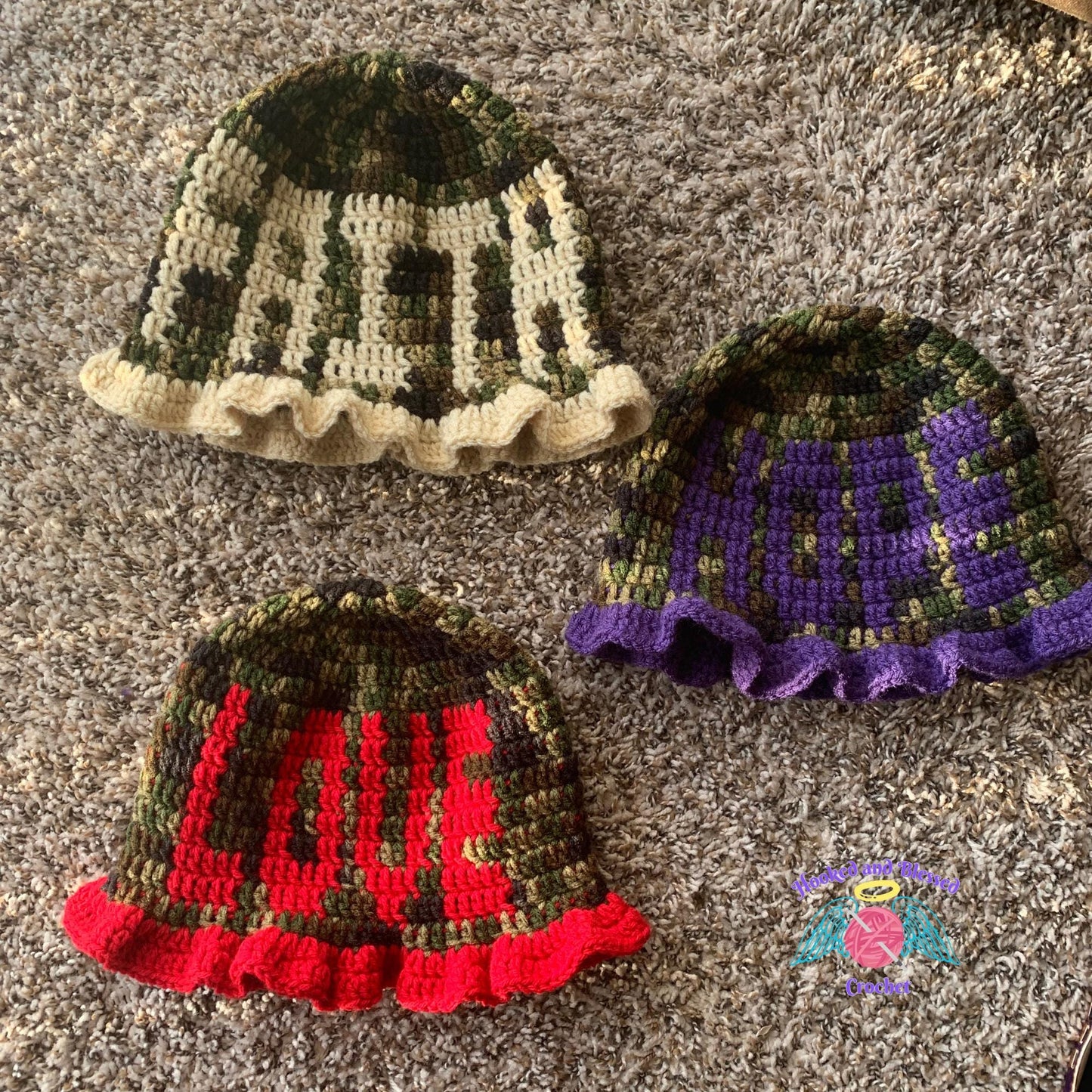 Camouflage Crochet Ruffle Hats – Love, Faith & Hope | Handmade Statement Hats | Unique Gift Idea