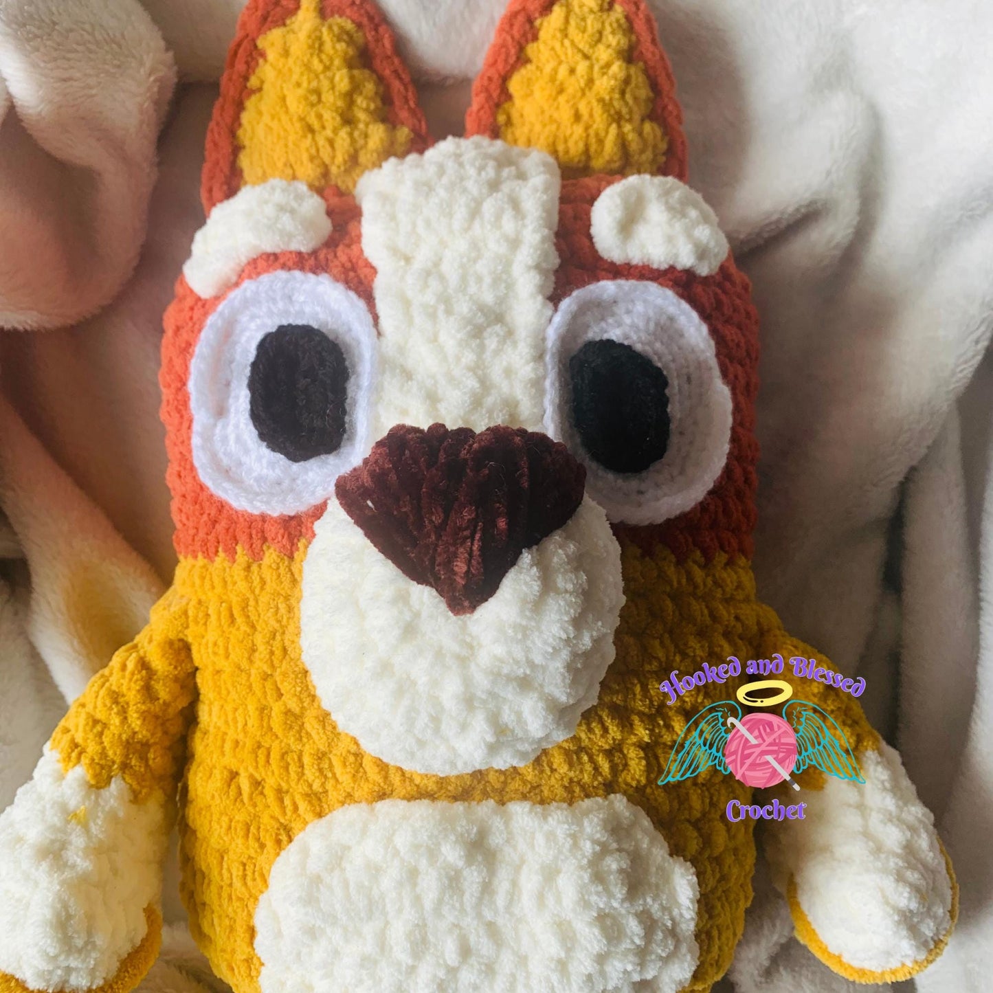 Handmade Bingo Crochet Plush – Soft Blanket Yarn Toy | Bluey-Inspired Gift for Kids, Fans & Nursery Decor
