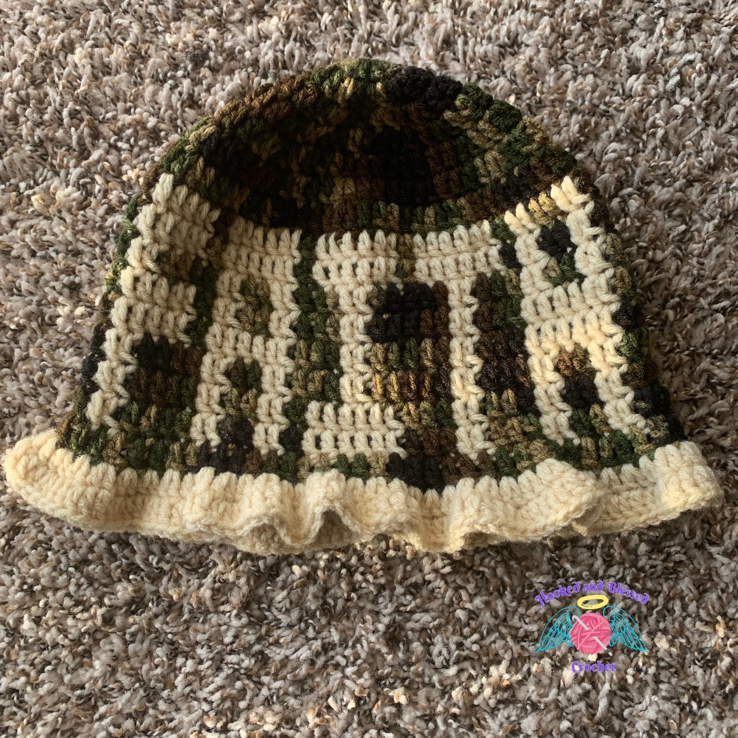 Camouflage Crochet Ruffle Hats – Love, Faith & Hope | Handmade Statement Hats | Unique Gift Idea