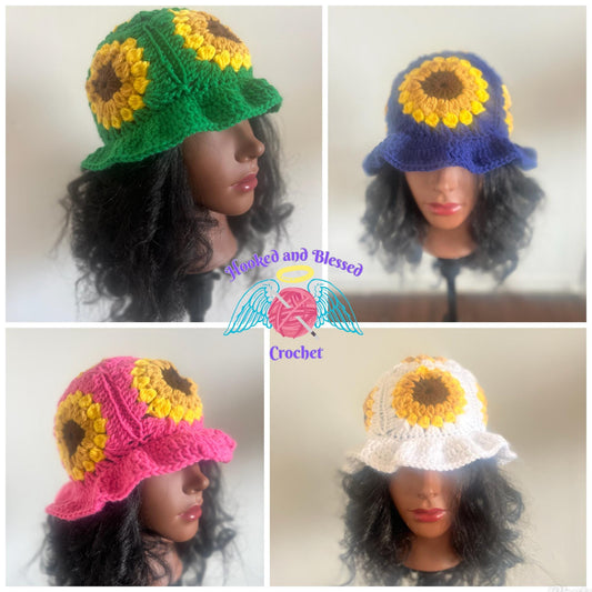 Sunflower Granny Square Ruffle Hat | Crochet Cottagecore Hat | Boho Flower Hat | Handmade Ruffle Beanie | Custom Colors Available