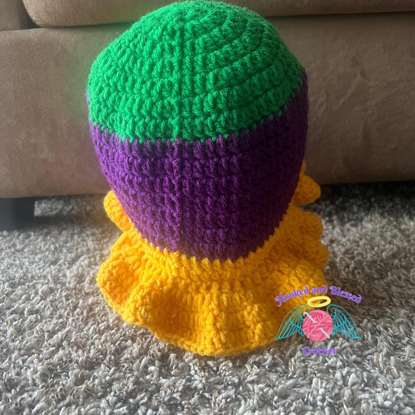 Mardi Gras Crochet Ruffle Hat – Festive Handmade Purple, Green & Gold Party Hat