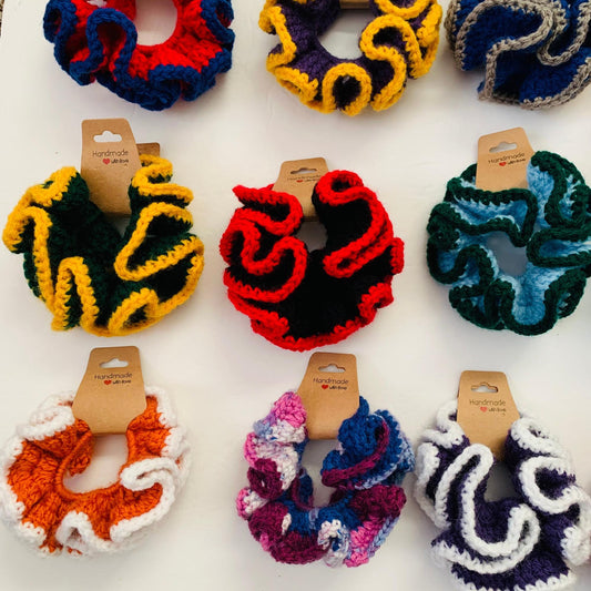 Handmade Ruffled Crochet Hair Scrunchies| Hair Ties- Multi-Color Hair Accessory