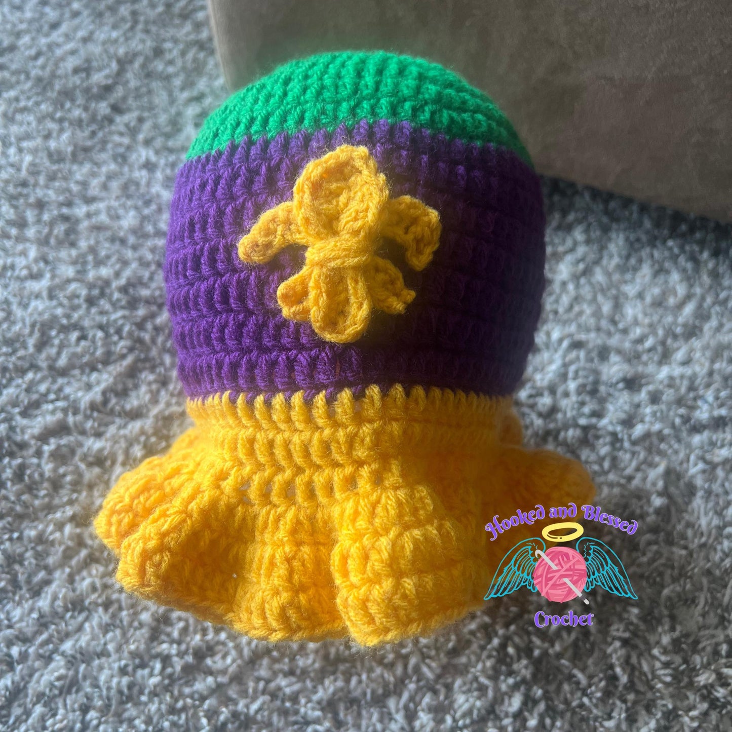 Mardi Gras Crochet Ruffle Hat – Festive Handmade Purple, Green & Gold Party Hat