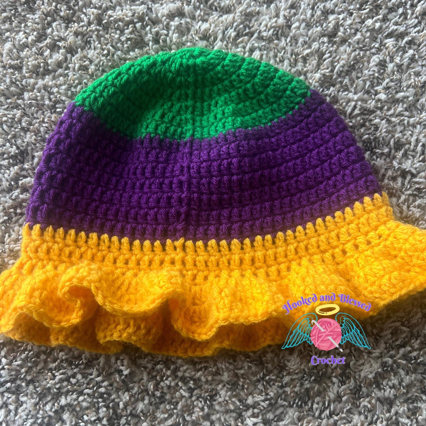 Mardi Gras Crochet Ruffle Hat – Festive Handmade Purple, Green & Gold Party Hat
