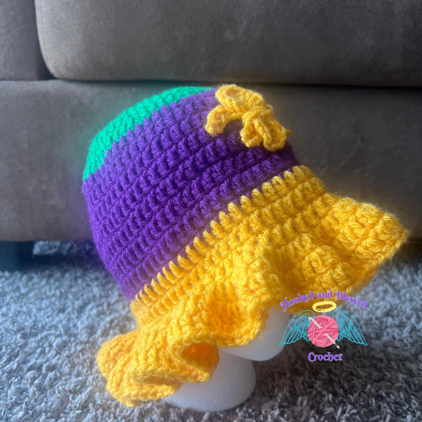 Mardi Gras Crochet Ruffle Hat – Festive Handmade Purple, Green & Gold Party Hat