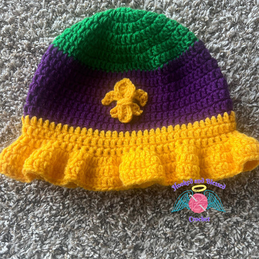 Mardi Gras Crochet Ruffle Hat – Festive Handmade Purple, Green & Gold Party Hat