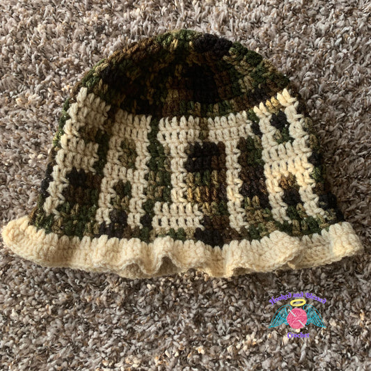 Camouflage Crochet Ruffle Hats – Love, Faith & Hope | Handmade Statement Hats | Unique Gift Idea