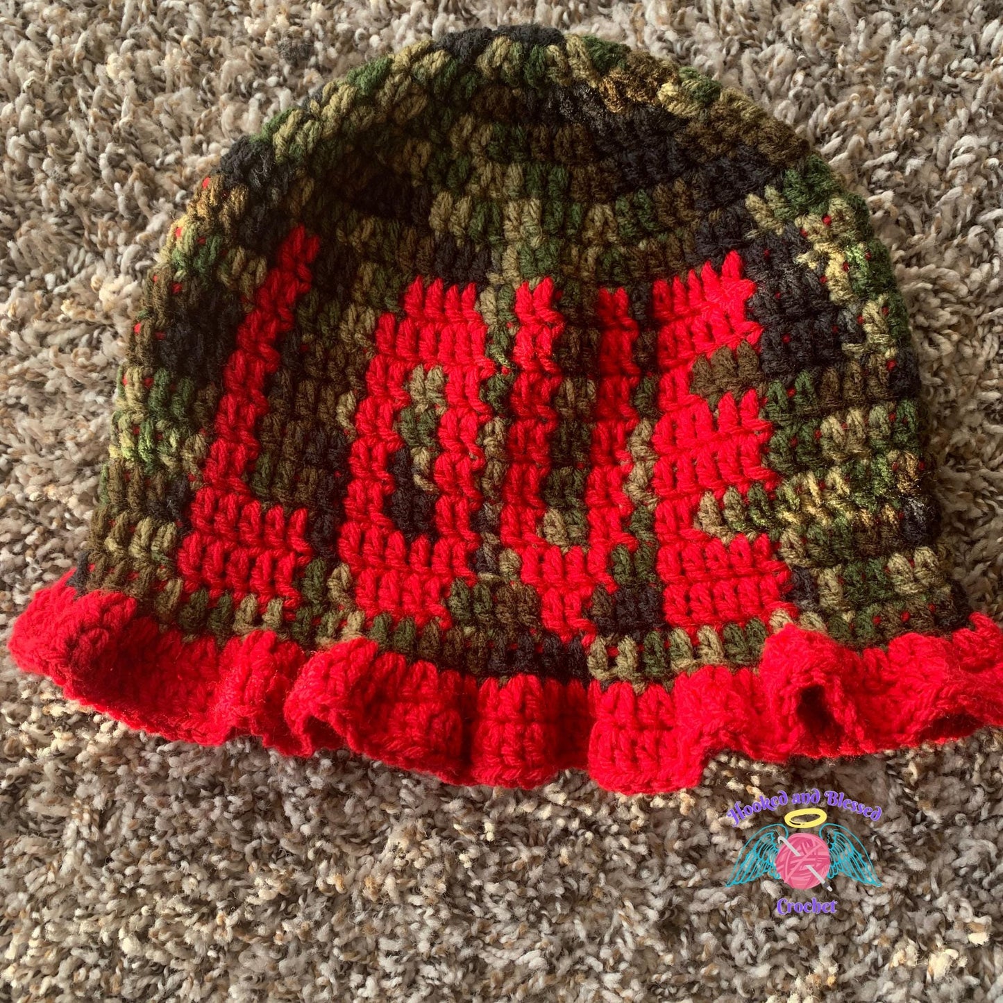 Camouflage Crochet Ruffle Hats – Love, Faith & Hope | Handmade Statement Hats | Unique Gift Idea