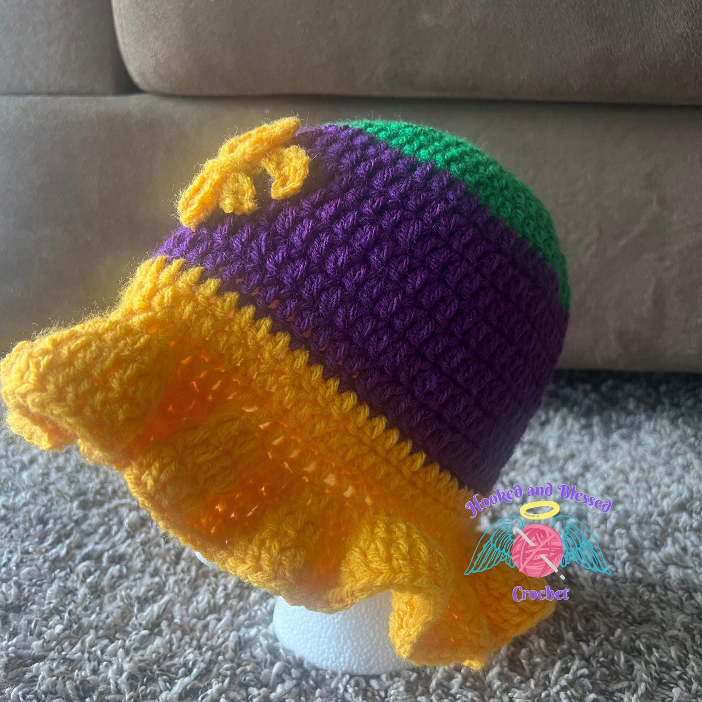 Mardi Gras Crochet Ruffle Hat – Festive Handmade Purple, Green & Gold Party Hat