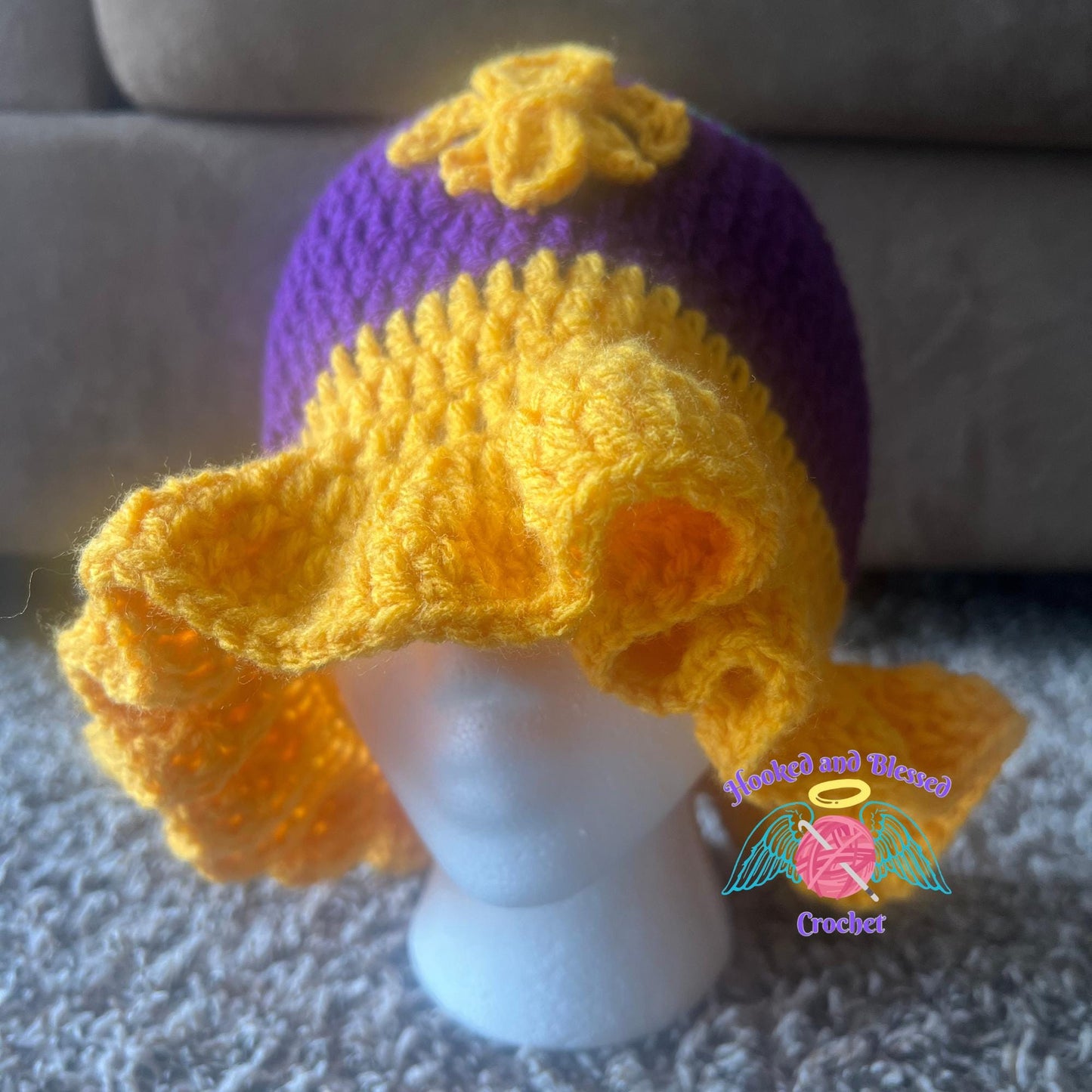 Mardi Gras Crochet Ruffle Hat – Festive Handmade Purple, Green & Gold Party Hat